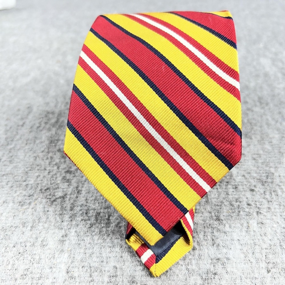 Lands' End Tie Mens One Size Red Yellow Striped 100% Silk Made USA Necktie